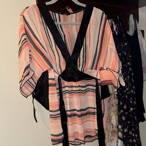 Striped V-Neck Blouse with Black Accents